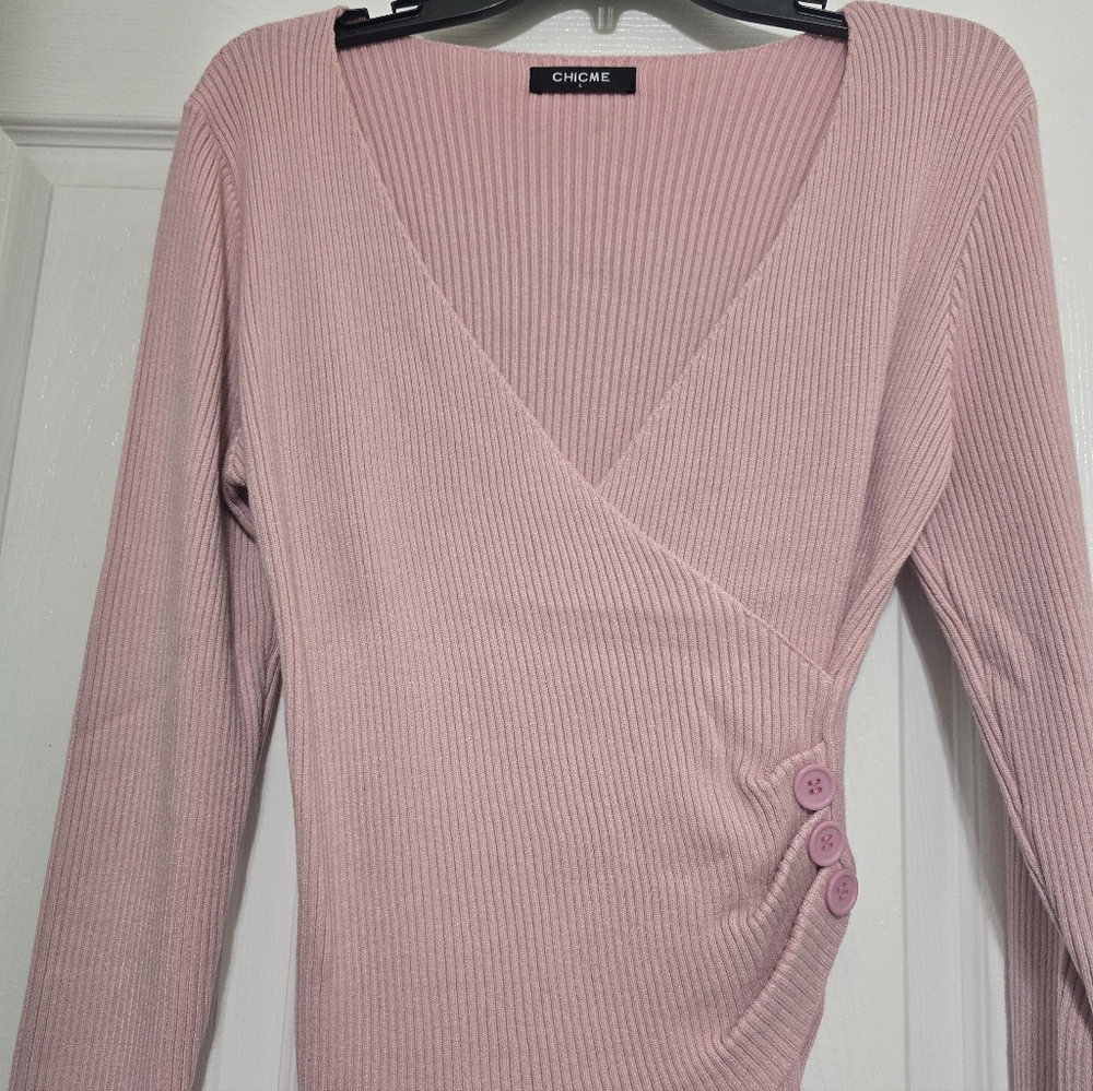 CHICME Pink Ribbed Wrap Long Sleeve Top